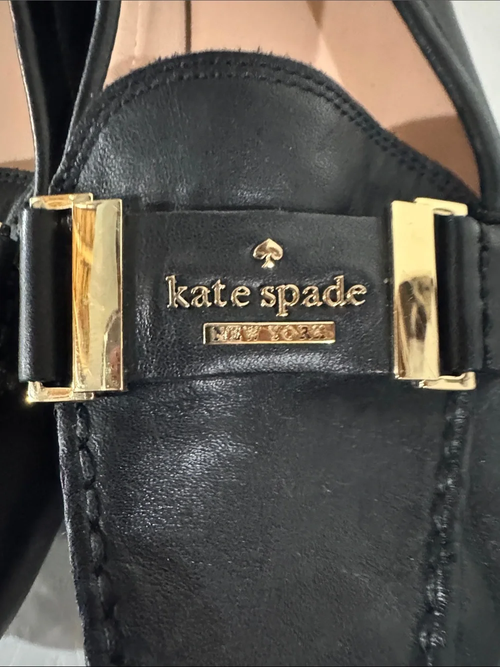 kate spade Black Leather Loafers with Gold Buckle Accents